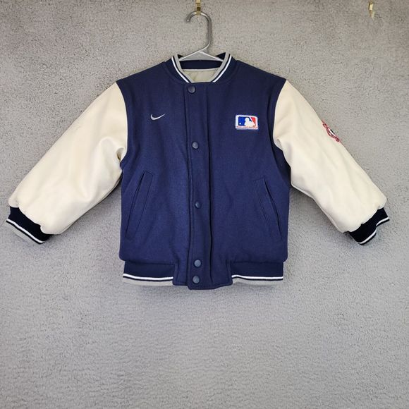 Vintage MLB‎ Baseball Wool Letterman Jacket Boys Reversible Size 6 Blue Leather - Picture 1 of 16